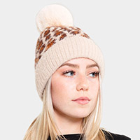 Leopard Patterned Fuzzy Fleece Pom Pom Beanie Hat