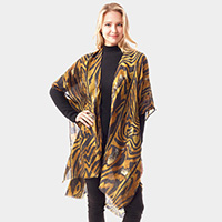 Mixed Animal Printed Gold Foil Accented Ruana Poncho