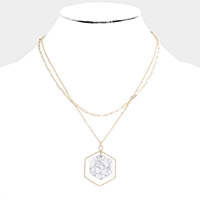 Natural Stone Hexagon Pendant Double Layered Necklace