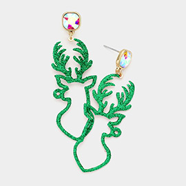Cushion Square Stone Glitter Rudolph Dangle Earrings