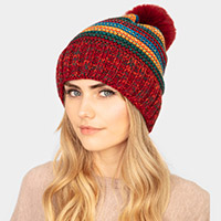Multi Colored Striped Fleece Pom Pom Beanie Hat