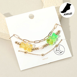 3PCS - Gummy Bear Charm Accented Metal Link Anklets