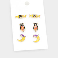 3Pairs - Enamel Pumpkin Candy Owl Crescent Moon Stud Earrings