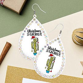 Christmas Cactus Message Stone Trimmed Metal Teardrop Dangle Earrings