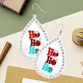 HOHOHO Message Printed Stone Trimmed Metal Teardrop Dangle Earrings