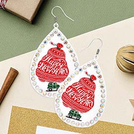 Happy New Year Message Printed Stone Trimmed Metal Teardrop Dangle Earrings