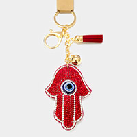Evil Eye Centered Bling Hamsa Hand Tassel Keychain