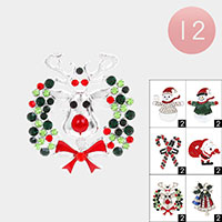 12PCS - Stone Embellished Christmas Theme Pin Brooches