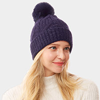 Lurex Accented Solid Cable Knitted Pom Pom Beanie Hat