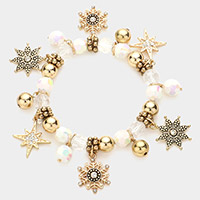 Rhinestone Embellished Flower Snowflake North Star Charm Stretch Bracelet