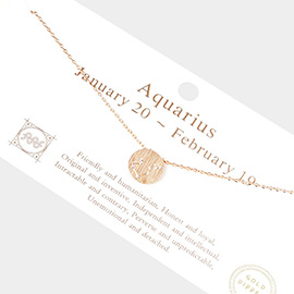 Aquarius Gold Dipped CZ Zodiac Sign Metal Disc Pendant Necklace