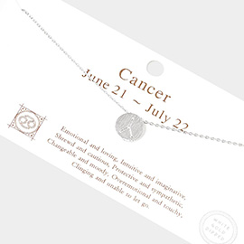 Cancer White Gold Dipped CZ Zodiac Sign Metal Disc Pendant Necklace