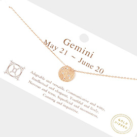 Gemini Gold Dipped CZ Zodiac Sign Metal Disc Pendant Necklace