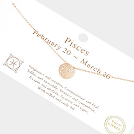 Pisces Gold Dipped CZ Zodiac Sign Metal Disc Pendant Necklace