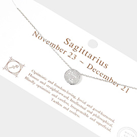 Sagittarius White Gold Dipped CZ Zodiac Sign Metal Disc Pendant Necklace