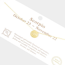 Scorpio Gold Dipped CZ Zodiac Sign Metal Disc Pendant Necklace
