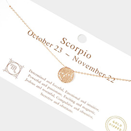 Scorpio Gold Dipped CZ Zodiac Sign Metal Disc Pendant Necklace