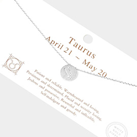 Taurus White Gold Dipped CZ Zodiac Sign Metal Disc Pendant Necklace