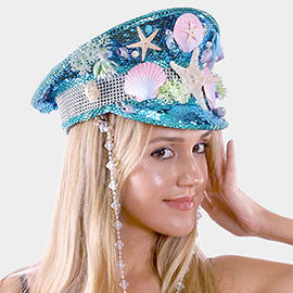 Fisherman Shell Starfish Sequin Sky Blue Hat