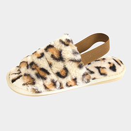 Leopard Patterned Fuzzy Faux Fur Elastic Slingback Strap Indoor Slide Slippers