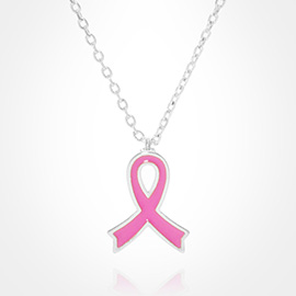 White Gold Dipped Enamel Pink Ribbon Pendant Necklace