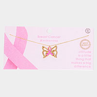 Gold Dipped Enamel Pink Ribbon Accented Butterfly Pendant Necklace