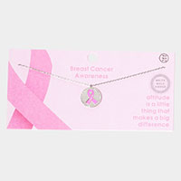 White Gold Dipped Enamel Pink Ribbon Accented Metal Disc Pendant Necklace
