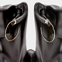 Rhinestone Embellished Mismatched Crescent Moon Star Brass Metal Hoop Earrings