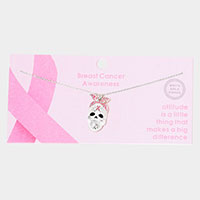 White Gold Dipped Enamel Pink Ribbon Skull Pendant Necklace