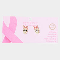 Gold Dipped Enamel Pink Ribbon Skull Stud Earrings