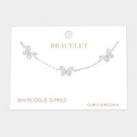 White Gold Dipped CZ Triple Butterfly Charm Station Bracelet