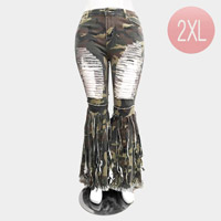 Camouflage Patterned Ripped Tassel Denim Bootcut Jeans