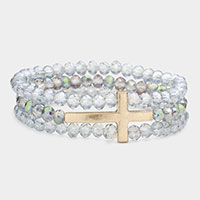 Metal Cross Accented Faceted Beaded Stretch Bracelet