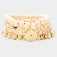 4PCS - North Star Accented Round Charm Wood Faceted Beaded Stretch Bracelets
