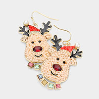 Stone Embellished Seed Beaded Rudolph Dangle Earrings