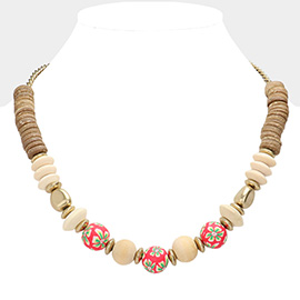 Flower Patterned Ball Accented Wood Necklace