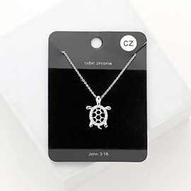 CZ Embellished Metal Turtle Pendant Necklace