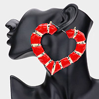 Enamel Metal Bamboo Heart Hoop Pin Catch Earrings