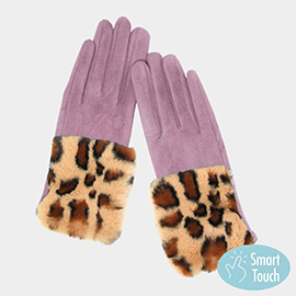 Leopard Patterned Faux Fur Cuff Accented Soft Suede Smart Gloves