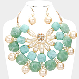 Pearl Marbled Stone Cluster Statement Necklace