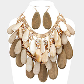 Wood Marbled Teardrop Stone Cluster Statement Necklace