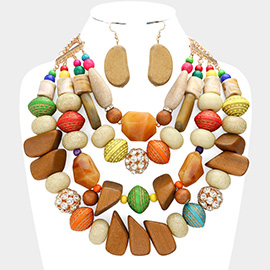Wood Marbled Stone Cluster Bib Statement Necklace