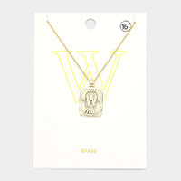 -W- Brass Metal Rectangle Monogram Pendant Necklace