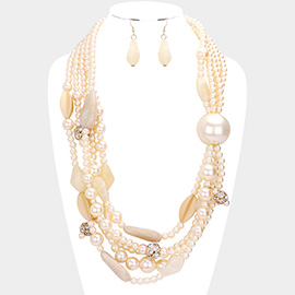 Abstract Bead Accented Multi Layered Pearl Necklace