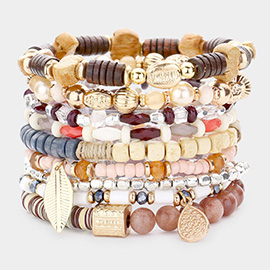 10PCS - Metal Leaf Charm Wood Beaded Stretch Bracelets
