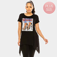 Queen Leopard Patterned Stiletto Heel Printed Crystal Embellished Half Sleeve Top