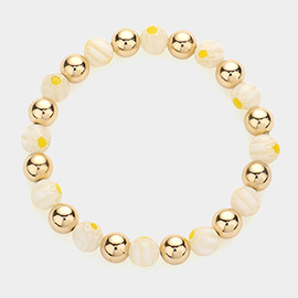 Printed Bead Accented Metal Ball Stretch Bracelet