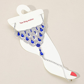 Teardrop Accented Rhinestone Net Toe Ring Evening Anklet