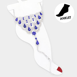 Teardrop Accented Rhinestone Net Toe Ring Evening Anklet