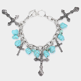 Turquoise Antique Metal Cross Charm Station Toggle Bracelet